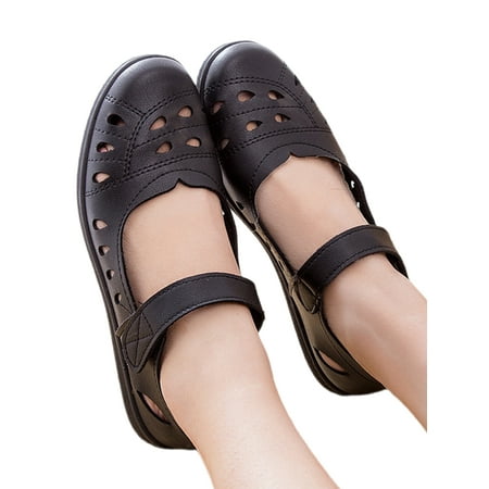 

Daeful Women Mary Jane Sandals Closed Toe Flats Ankle Strap Casual Shoes Dress Non-slip Magic Tape Comfort Flat Sandal Black 4.5