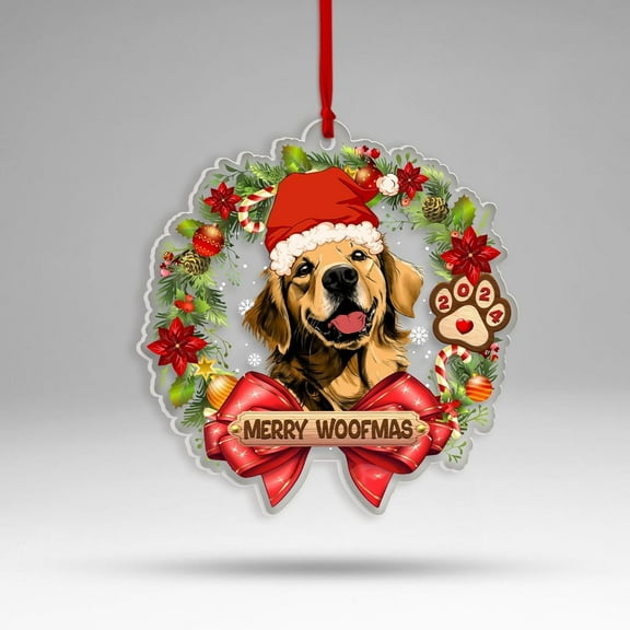 Golden Retriever Acrylic Christmas Ornament 2025 – Cute Retriever with Wreath, Holiday Tree Decoration for Dog Lover Gift