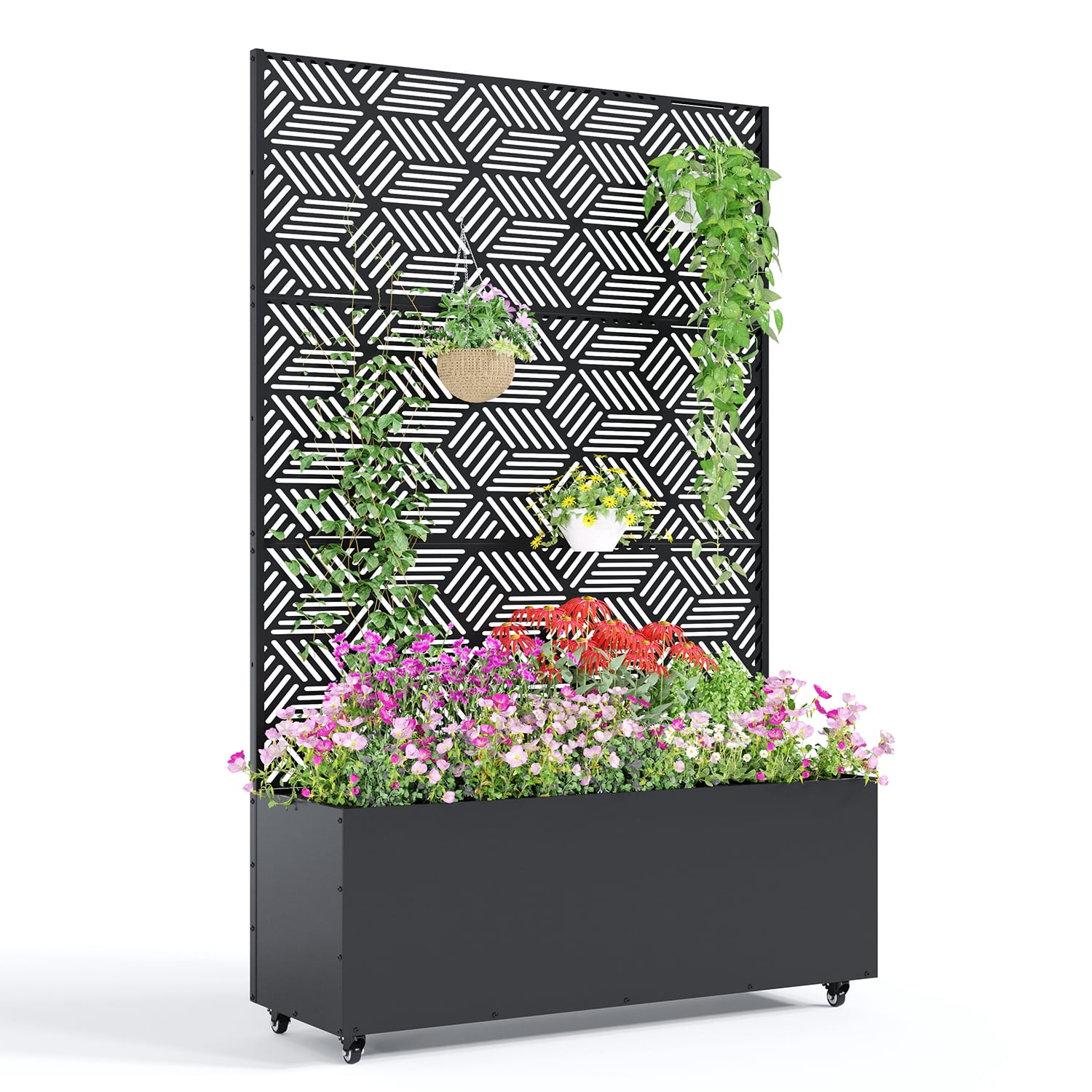 Ataucjin 16" Deep Planting Bed with Drainage Holes,Metal Planter Box with Trellis, Raised Garden Bed with Wheels, Deep Privacy Screen for Climbing Plants,47"X16"X71"