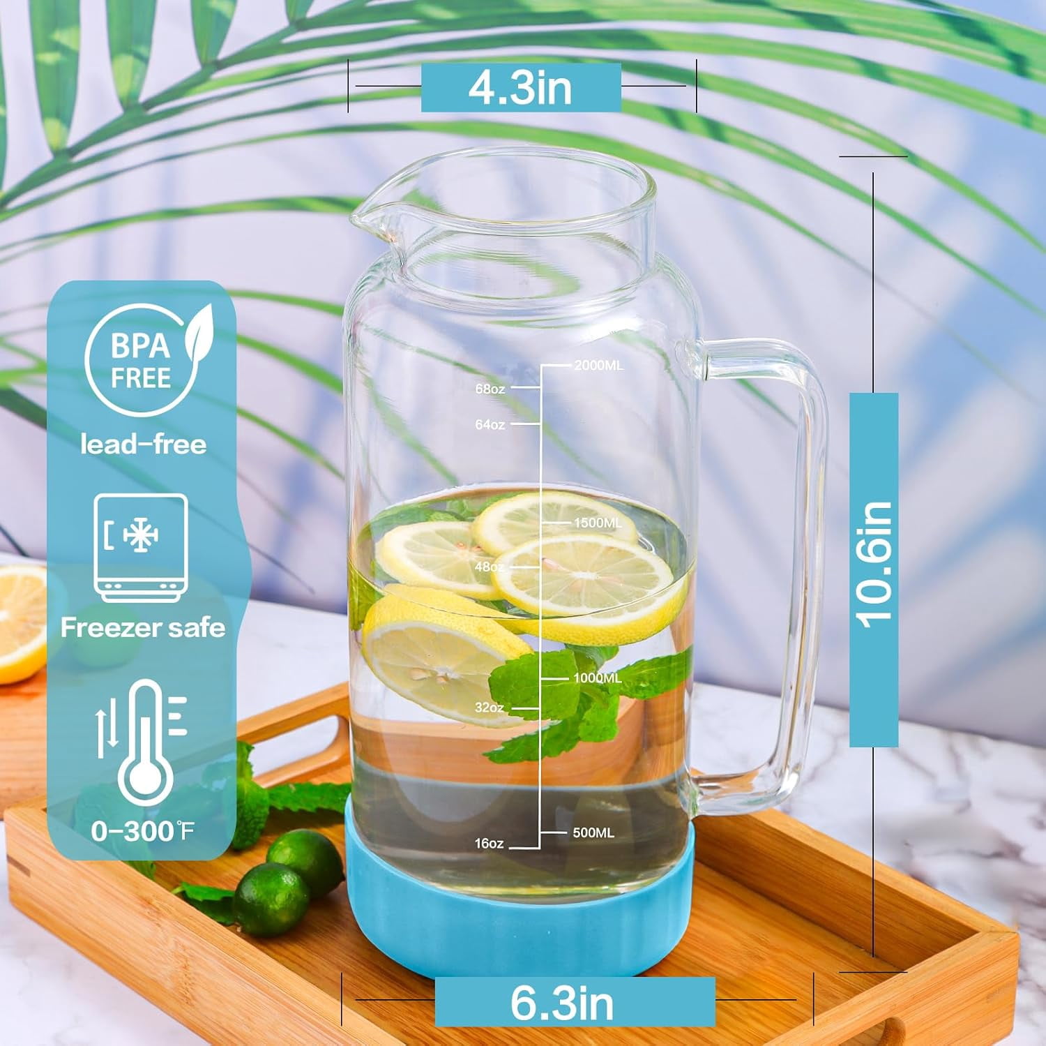 68oz Glass Pitcher with Lid, 2 Liter Water Carafe with Silicone Base and Precise Scale Line, Ice Tea Pitcher for Fridge, Anti-Slip Glass Jug for Sun Tea Juice Coffee Milk Beverage (Gray)