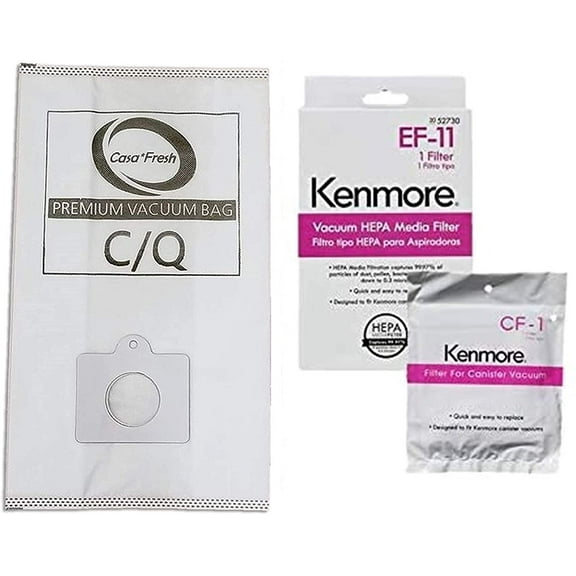 Casa Vacuums 81614 Kit. 6 Cloth Bags   1 EF-11   1 CF 1. Compatible with Kenmore 600 Series Bagged Canister Vacuum w/Pet PowerMate. Replaces Part #'s C/Q, 5055, 50558, 50104, 52370, 81002