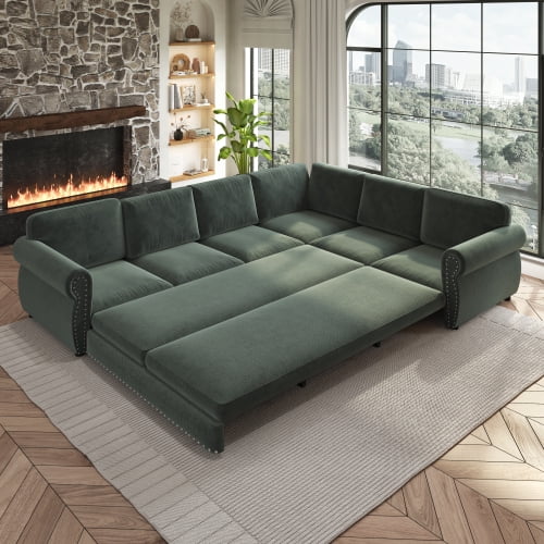 118" L-Shaped Sectional Sleeper Sofa with King Size Pull-Out Bed, Chenille Upholstered, Nailhead Trim & Rolled Arms, Green