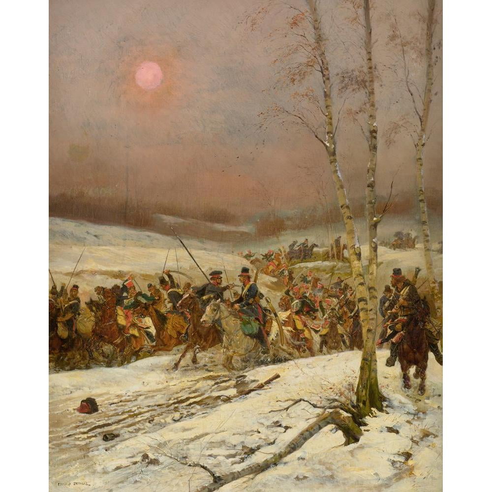 Jean-Baptiste Édouard Detaille 20x24 Black Modern Framed Museum Art Print Titled - Cossacks Attacked by the Guard of Honor During Napoleon's Russian Campaign