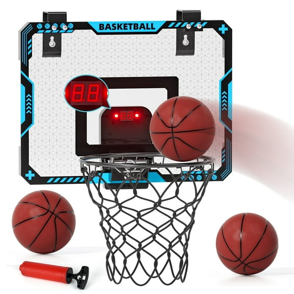 Basketball Hoop Indoor, Foldable Over The Door Basketball Hoop, Automatic Scoring Basketball Hoop with LED Light & Scoreboard & Inflator & 3 Balls, Adjustable Basketball Toys Indoors Sport Game