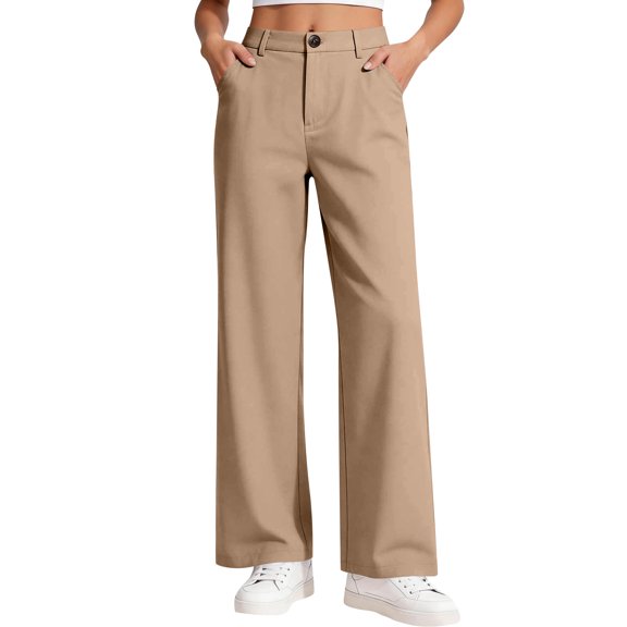 Resicozy Girl's Uniform Pants Wide Leg Dress Pant Teen Back to School High Waisted Formal Button Zipper Trousers with Pockets for Kids Khaki 130
