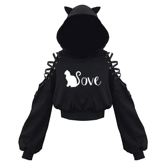 Womens Pullover Hoodie Womens Pullover Long Sleeve Hooded Sweatshirt Cute Gothic Cat Ears Hoodie Blouse Women'S Long Sleeve Cat Hoodie with Ears