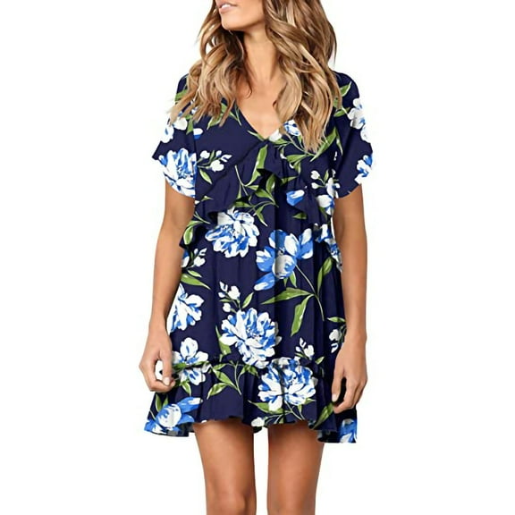 up to 60% off Gifts Usmixi Womens Dresses High Waist Beach Ruffle Swing Tunic A Line Short Dresses Fashion Floral Print V-Neck Short Sleeve Mini Summer Dress Blue xxl