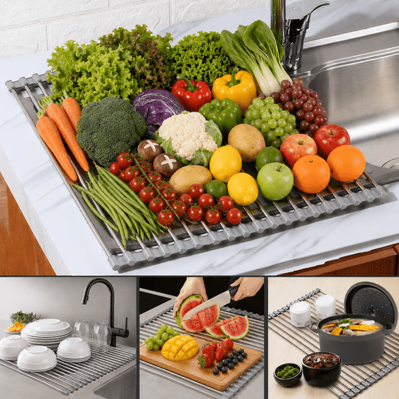 Roll Up Over The Sink Dish Drying Rack, 18.7''x13.77'' Foldable Stainless Steel Multipurpose Kitchen Drainer Storage Organizer Holder