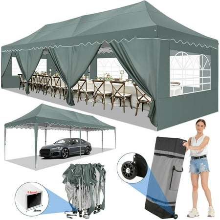 SANOPY 10  x 30  Pop up Canopy Party Tent with 8 Removable Sidewalls  Wave Eave Outdoor Waterproof Patio Gazebo Tent with Carry Bag  Backyards Camping Picnics  Gray