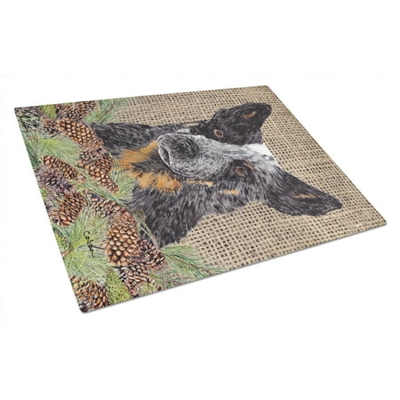 

Carolines Treasures SC9050LCB Australian Cattle Dog Faux Burlap and Pine cones Glass Cutting Board Large 12H x 16W