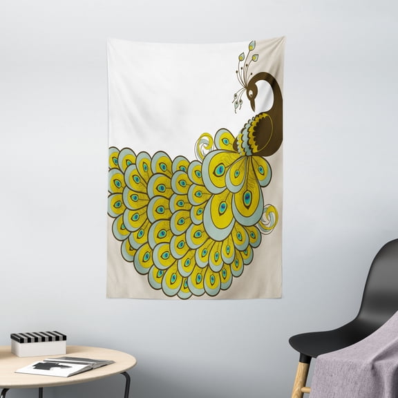 Animal Tapestry, Peacock with a Colorful Tail Design Bird of Sophistication Illustration, Wall Hanging for Bedroom Living Room Dorm Decor, 40W X 60L Inches, Brown Sage Green Beige, by Ambesonne