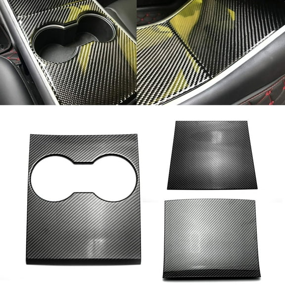 Xotic Tech 4pcs for Tesla Model 3 2017-2020 Pure Carbon Fiber Pattern Cup Holder Panel Trim, Center Console Control Wrap Decor Sticker