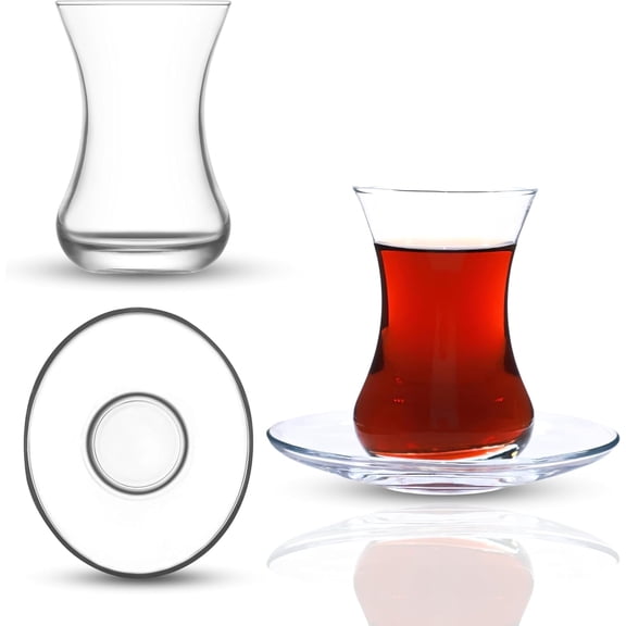 YERSİZ Turkish Tea Glass Set with Oval Saucers, 12-Piece Set (6 Glasses   6 Saucers), Slim Waist Clear Glass Design