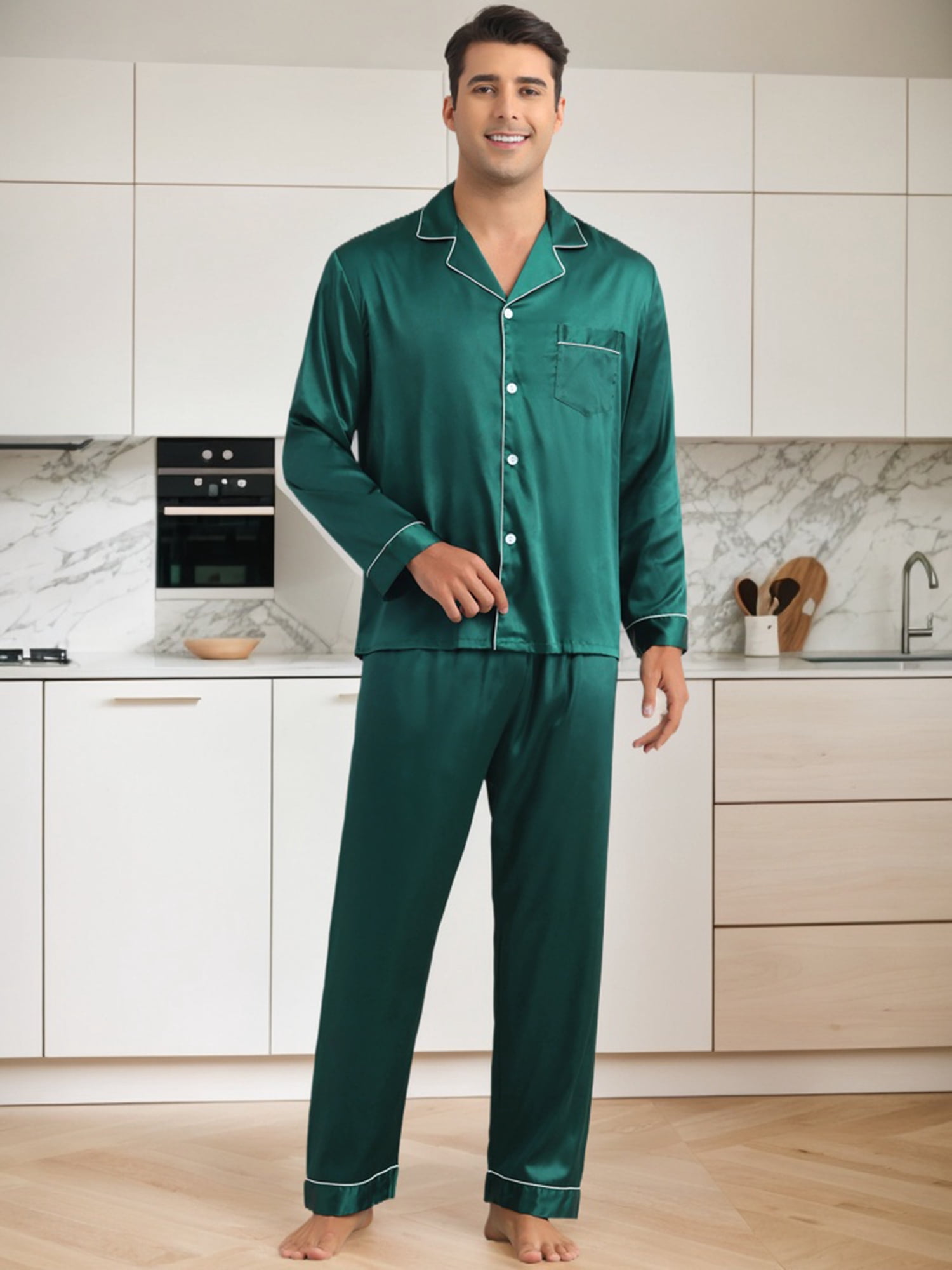 DARING DIVA Men's 2-Piece Homewear Button Down Long Sleeve Shirt S Dark Green