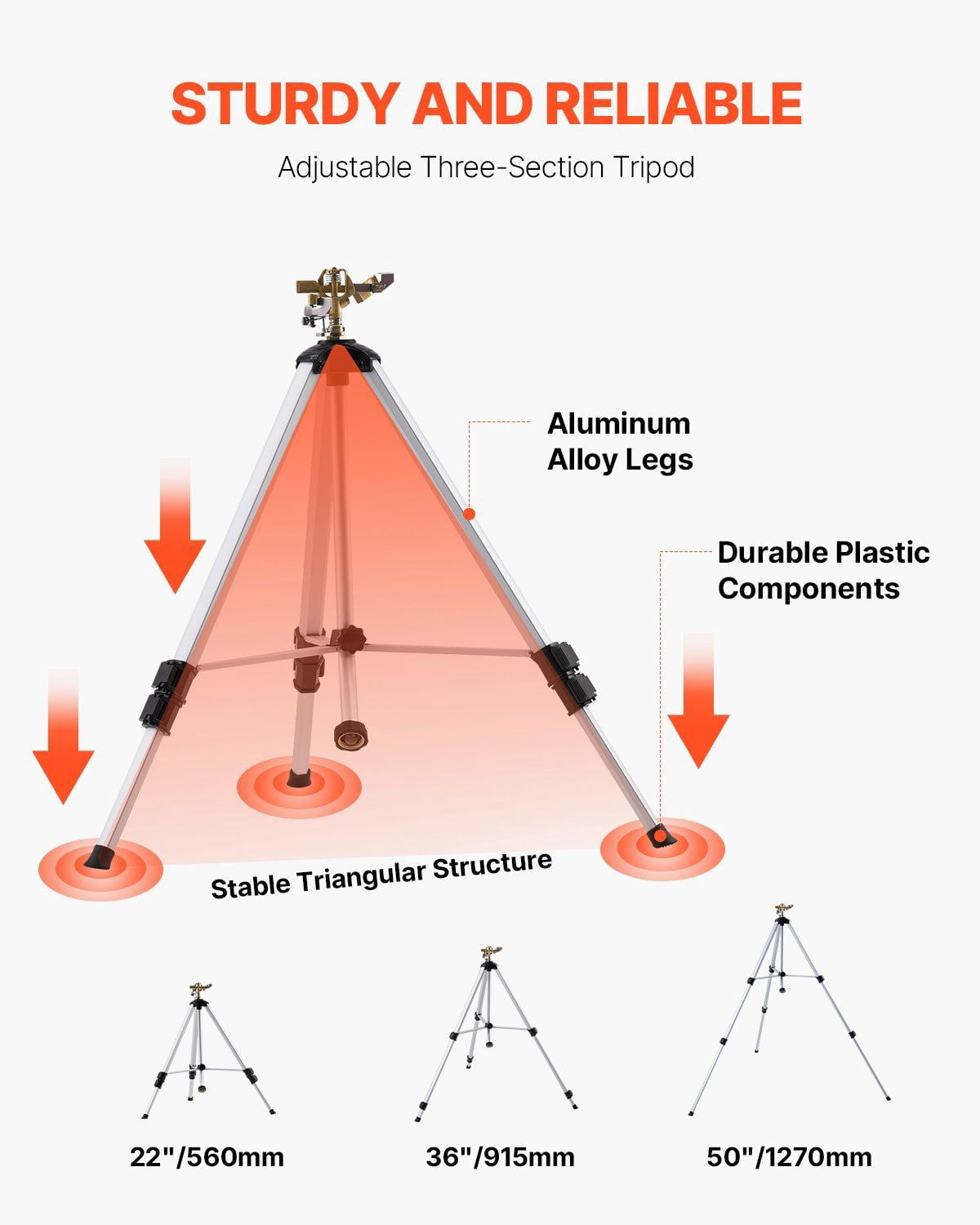 Impact Sprinkler on Tripod Base, Heavy Duty Tripod Sprinklers with Brass Head & 3/4" Connector, 360° Large Area Coverage Irrigation Sprinkler, Adjustable Heights 22-50 in, Lawn Garden Sprinkler Gray
