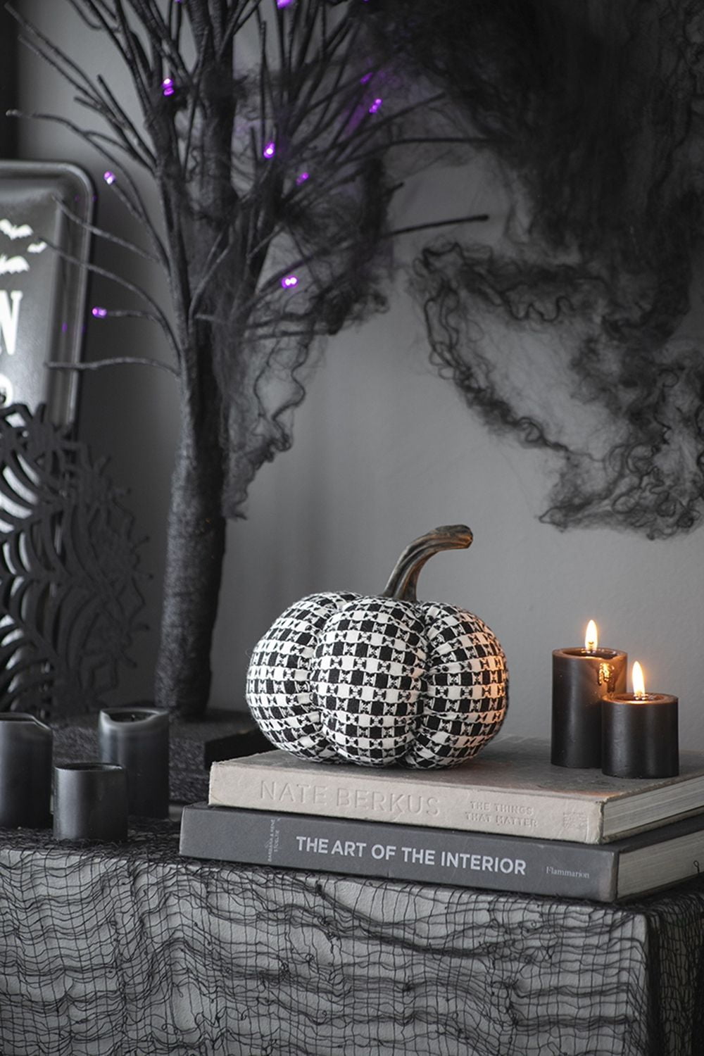 Set of 2 7x7x6.7IN Fabric Black-White Plaid Pumpkin Decor for Farmhouse Indoor Tabletop Display