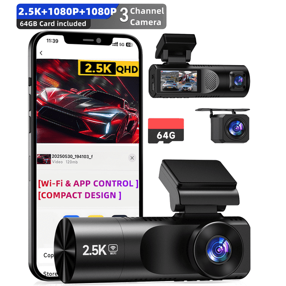 FFN Dash Cam , Cámara de Tablero de 3 Canales para Autos, 2.5K+1080P+1080P Dash Cam Frontal y Trasera Interior, Cámara de Tablero Triple para Auto con WiFi y App, Tarjeta de 64GB, Visión Nocturna, Es