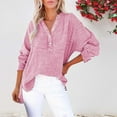 thumbnail image 2 of ZHENHONG T Shirts for Women,Casual V Neck Henley Long Sleeve Tops Oversized Solid Rolled Sleeve Classic Tshirts,Pink Women Blouses, 2 of 7