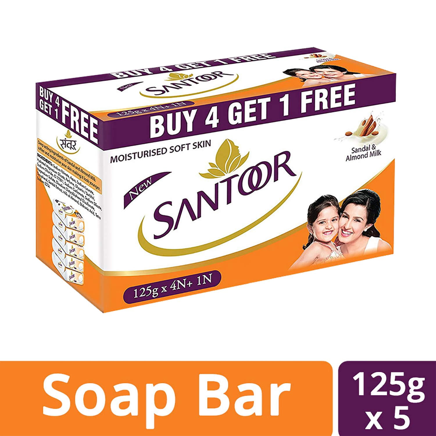 Santoor Sandal And Almond Milk Soap Buy 4 Get 1 Free 125g Each
