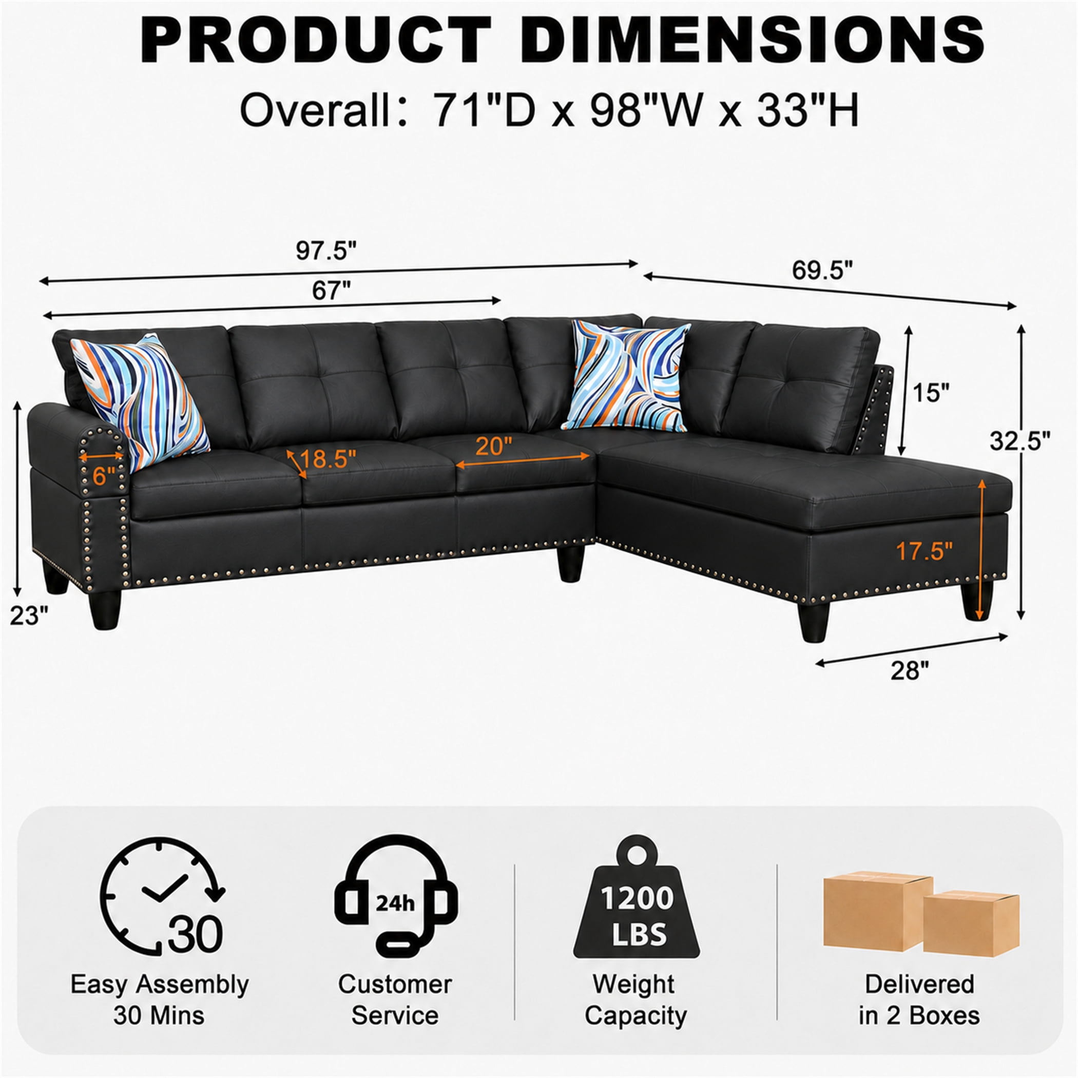 Aukfa 98" L Shaped Sectional Couch with Cup Holder Console, Tufted Back&Nailhead Trim, Oversized Right Chaise Leather Sofa for Living Room, Black