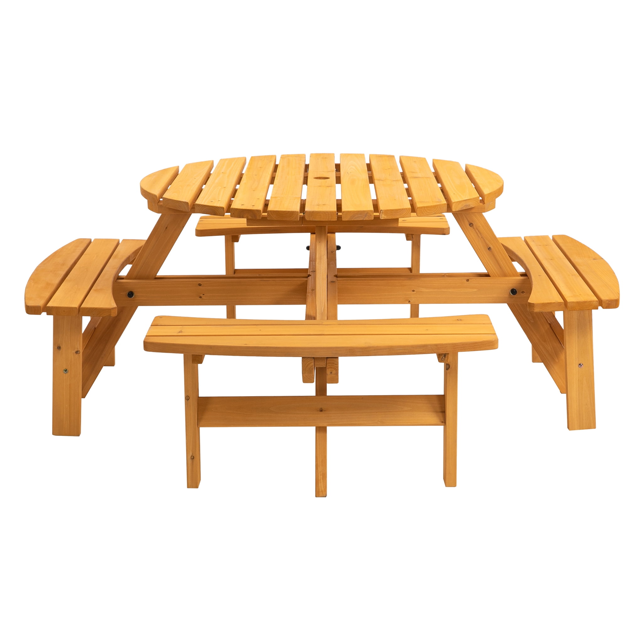 8‑Person Solid Fir Wood Round Picnic Table with 4 Built‑in Curved Benches, Outdoor Patio Dining Table with 2” Umbrella Hole, 2220lb Total Capacity, Natural Finish