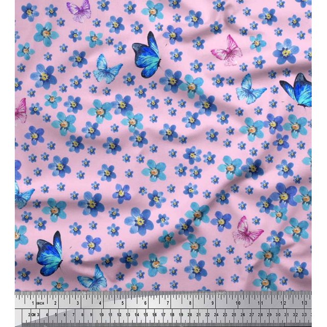 Soimoi polyester Crepe Fabric Butterfly & Flower Floral Print Fabric by Yard 52 Inch Wide