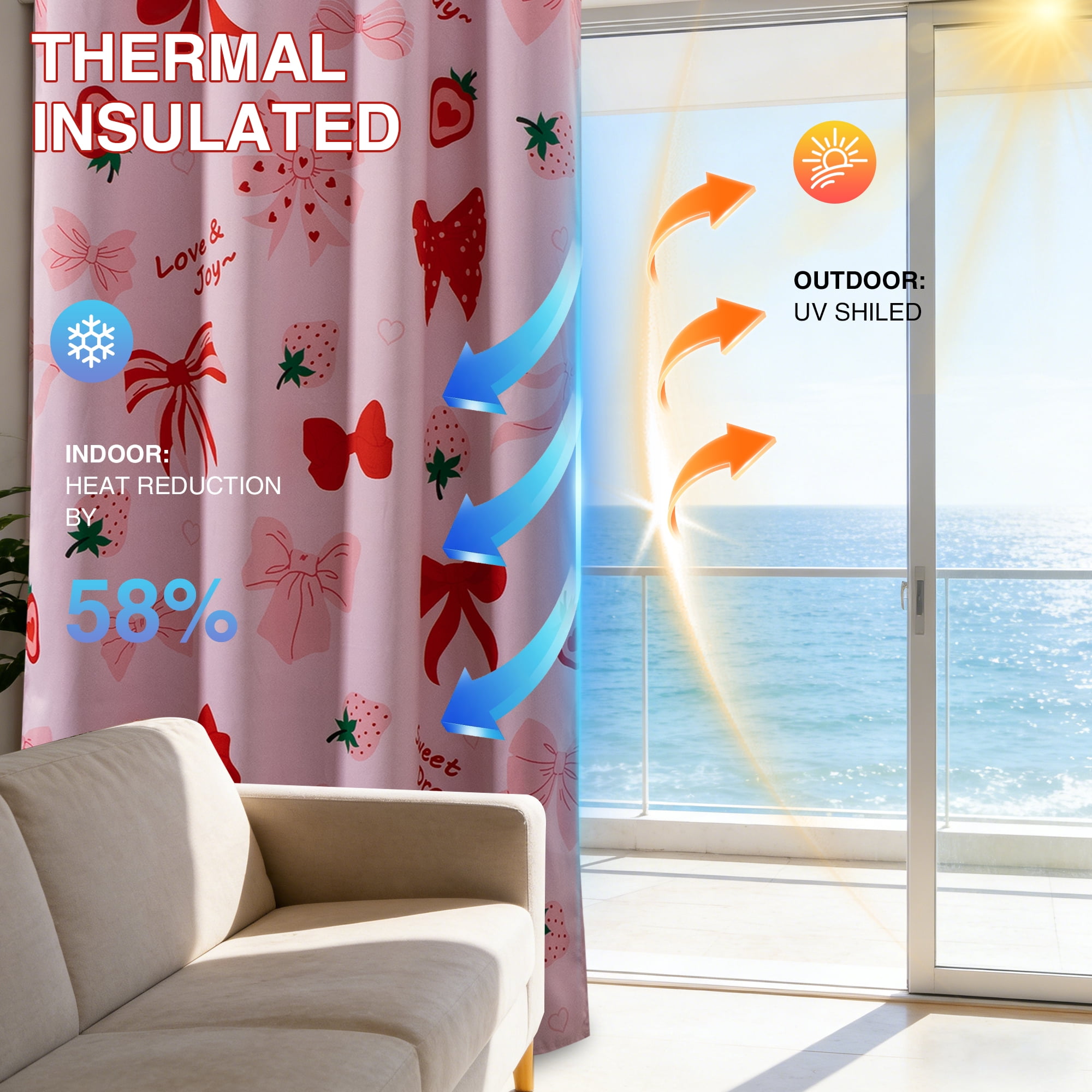 Btargot Blackout Curtains 2 Panels Thermal Insulated Grommet Strawberry Bows Window Curtains for Girls Bedroom 52 X 63 inch