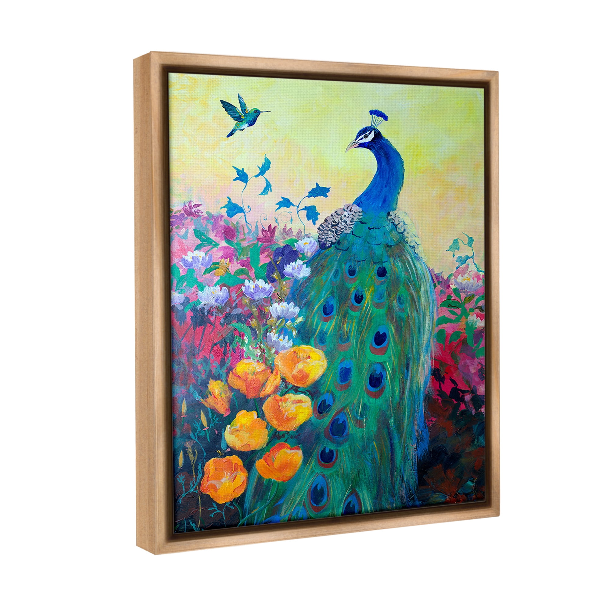 Stupell Industries Peacock & Garden Flowers Animals & Insects Painting Brown Floater Framed Canvas Art Print Wall Art, 17 x 21