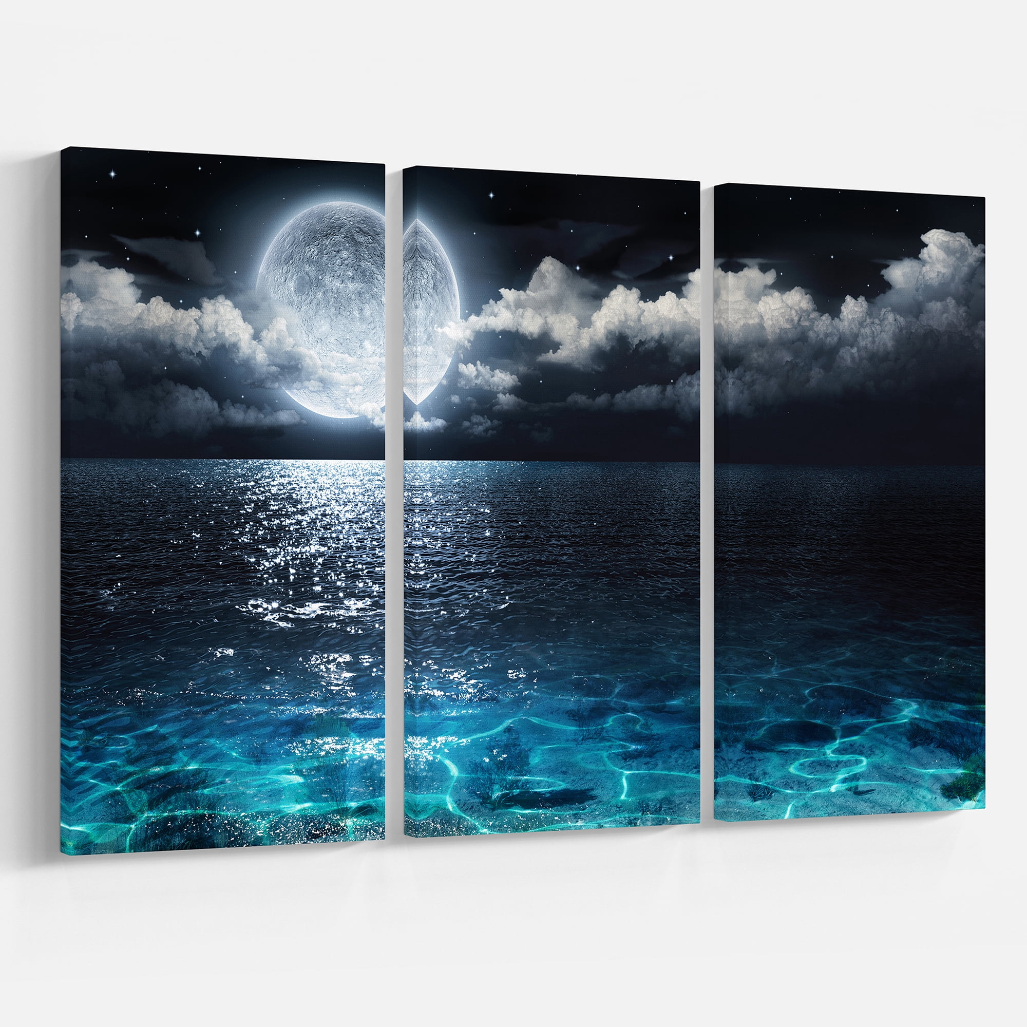 Designart 'Romantic Full Moon Over Sea ' Seascape Canvas Art Print