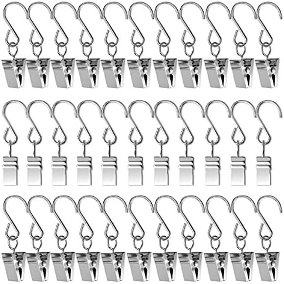 GFDYREE 50PCS S Hooks with Curtain Clips for Hanging Stainless Steel Clamp Hangers S Gutter Hooks for Party String Light Outdoor Wire Holders,Silver