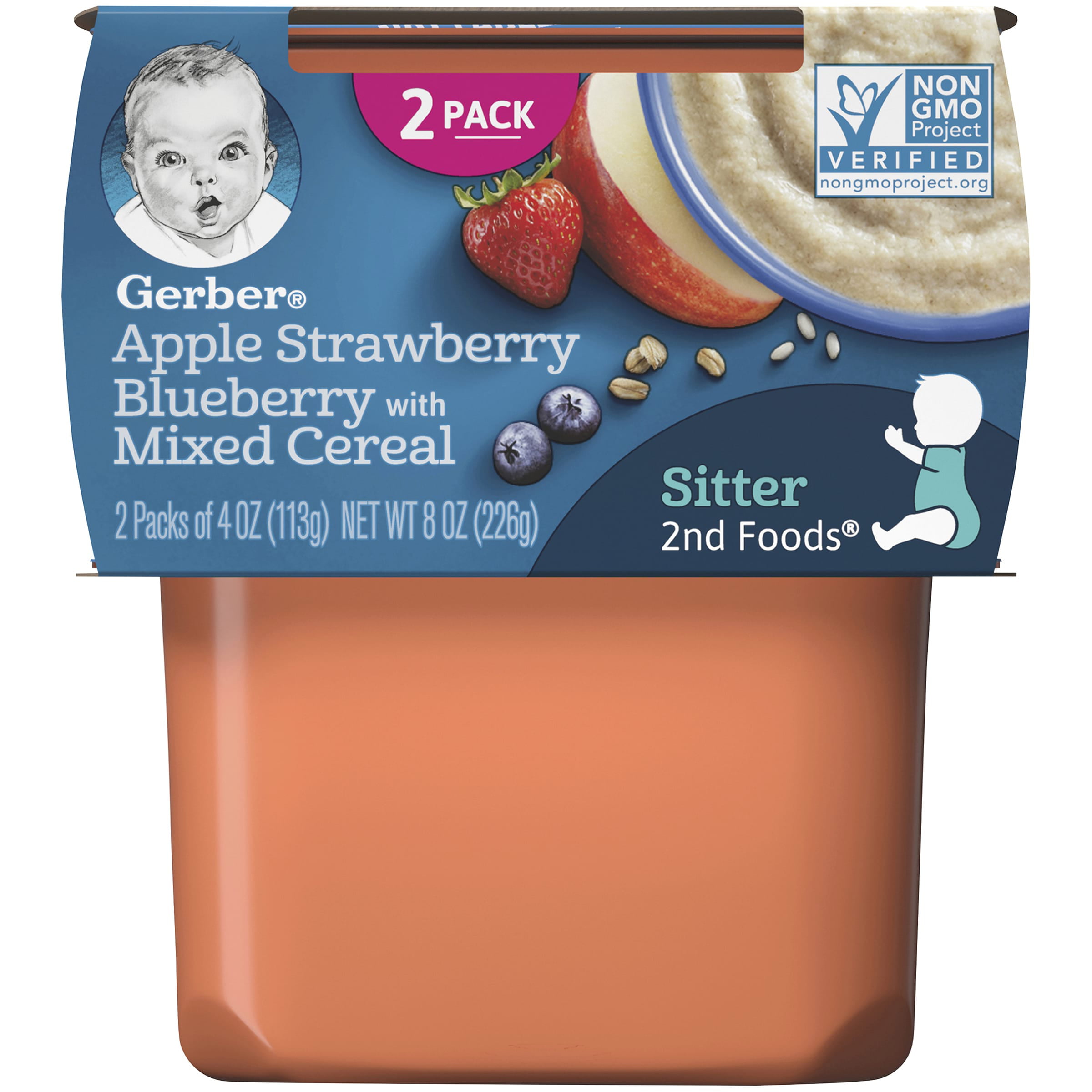 Gerber 2nd Foods Baby Food, Apple Strawberry Blueberry With Mixed Cereal, 4 oz Tubs (2 Pack)