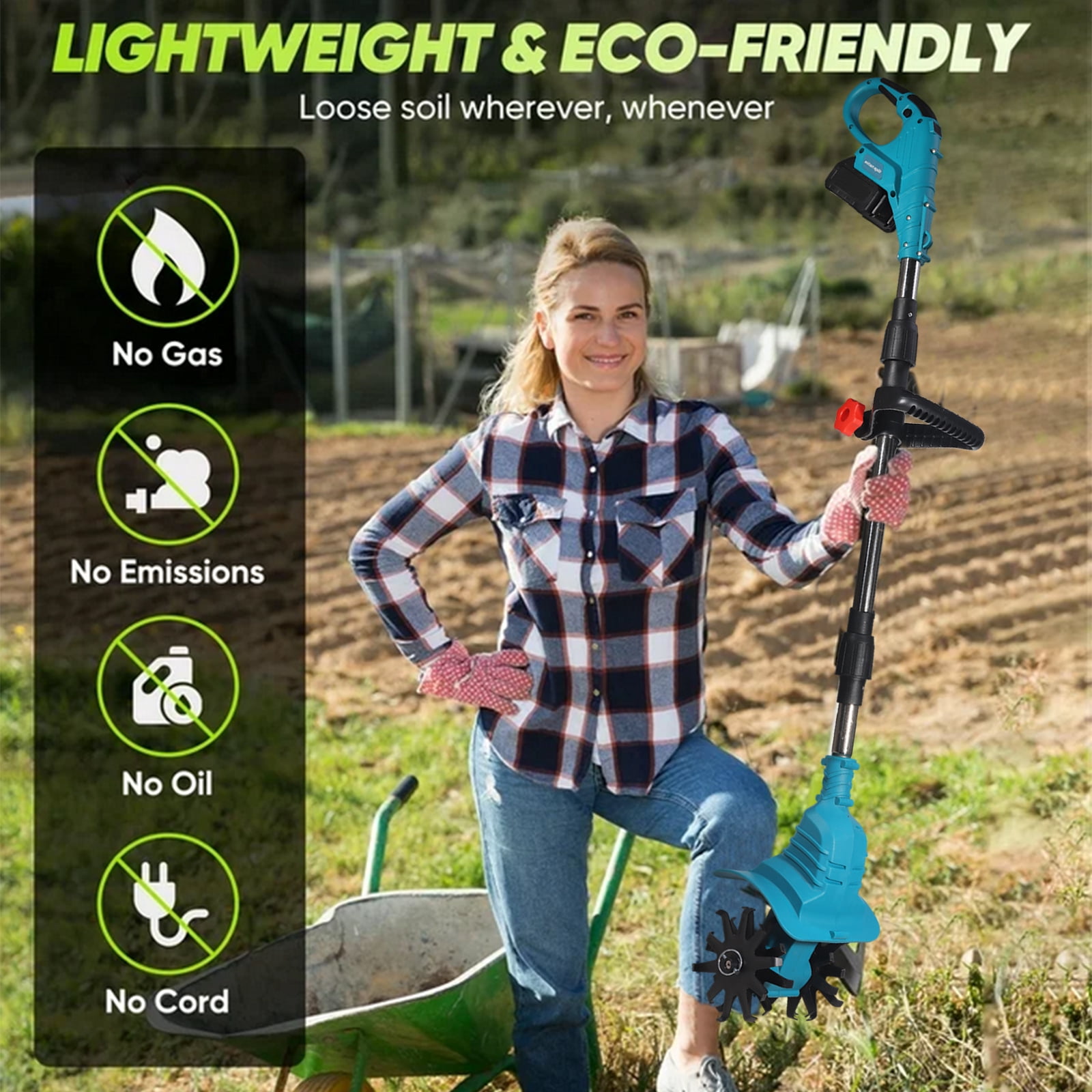 Paddsun Cordless Tiller Cultivator, 21V Electric Garden Tiller 9In Tilling Width and 6.5In Depth Garden Rototiller for Lawn Gardening Soil Cultivation