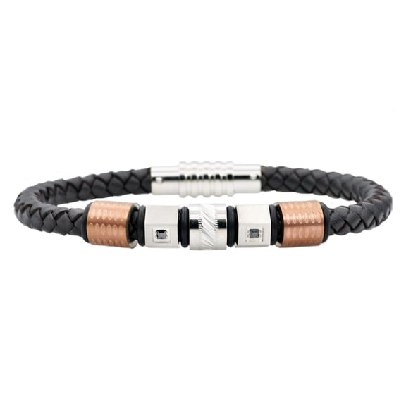 Arista Brown Cubic Zirconia Men's Bracelet in Brown Leather And Chocolate Stainless Steel, 8.5"