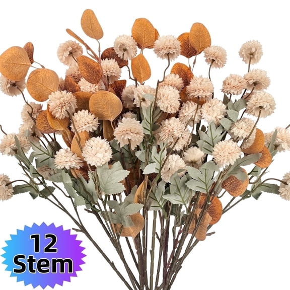 12 Pcs Faux Silk Chrysanthemum Flowers with Eucalyptus Stems, Beige Artificial Floral Picks for Vase, Wedding and Home Decor