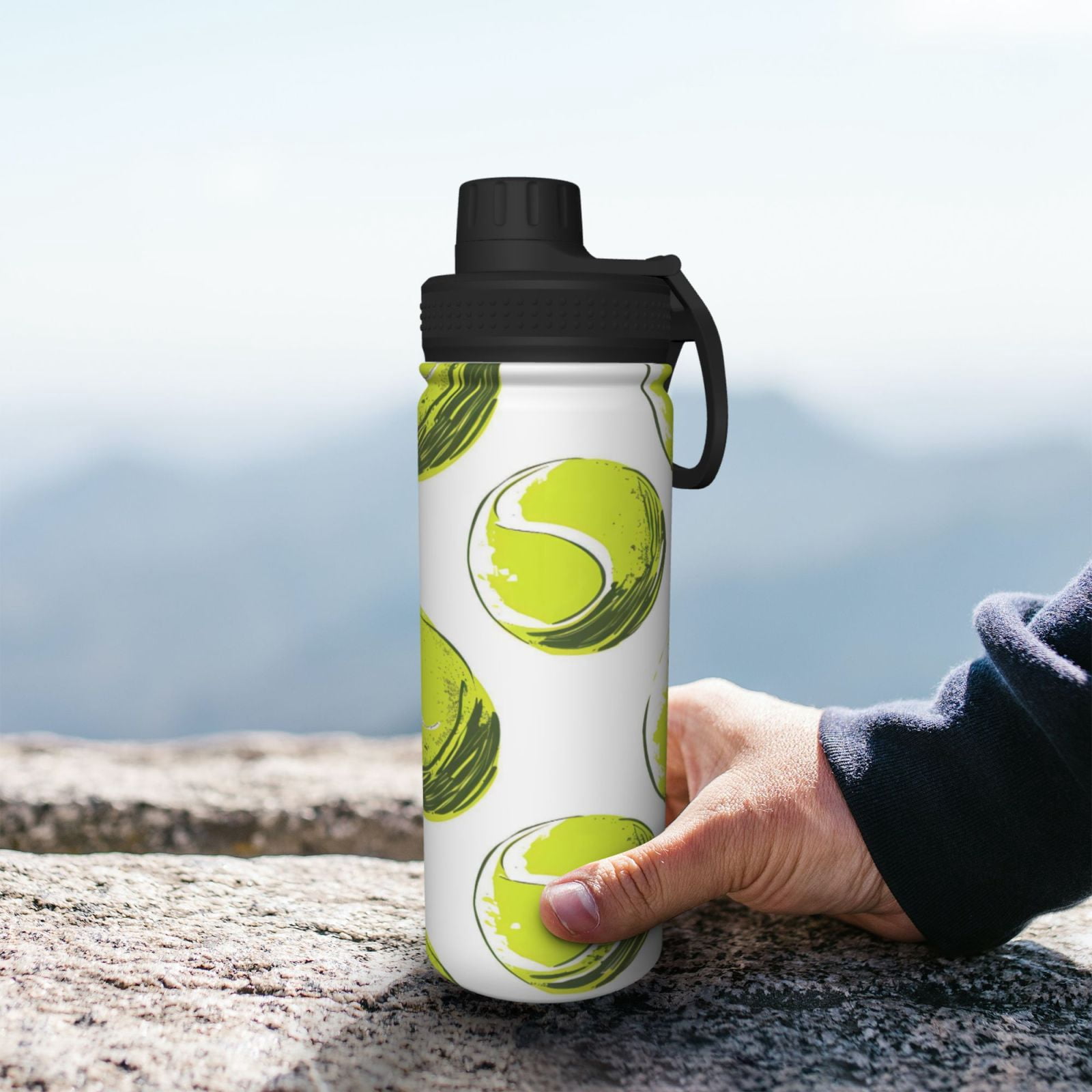 18oz Sports Insulated Kettle Double Wall Vacuum Insulated Water Bottle With Leak Proof Flip Lid For Gym Outdoor Commuting Camping Yellow Green Tennis Balls