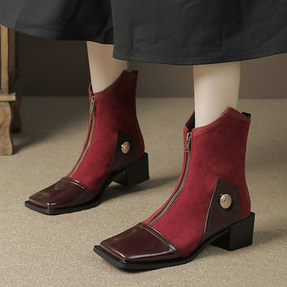 YOUSNH Ladies Leather Suede Square Toe Flat Toe Heel Splicing Large Size Boots Ankle Boots Short Boots Women's Boots Red 7