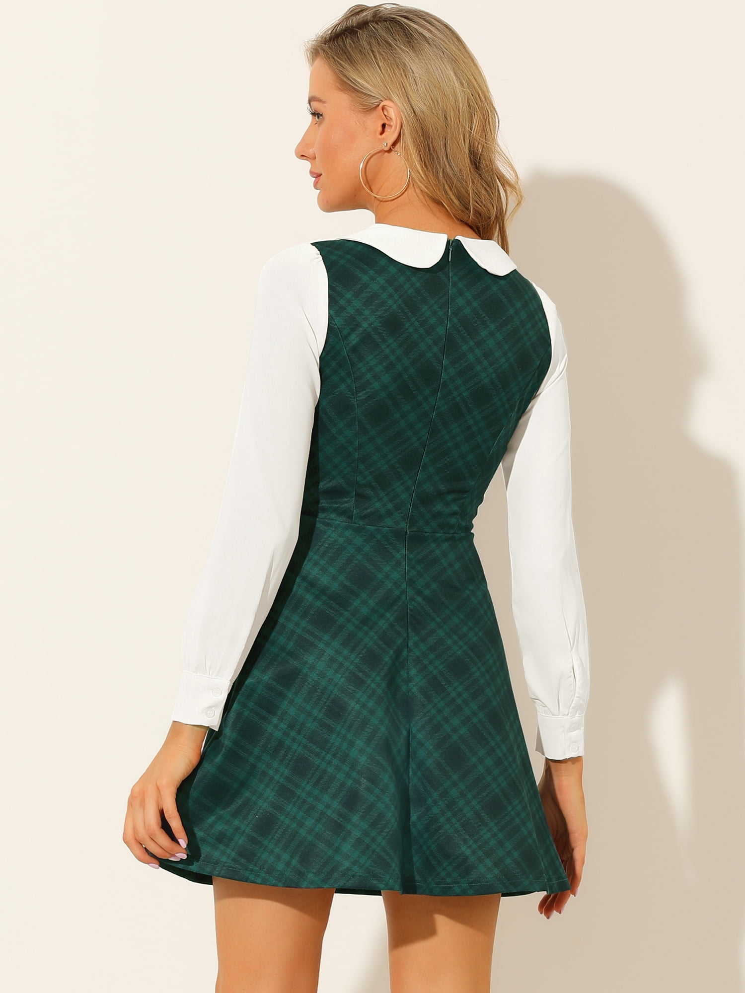 DARING DIVA Women's Plaid Peter Pan Collar Mini A-Line Dress XS Green