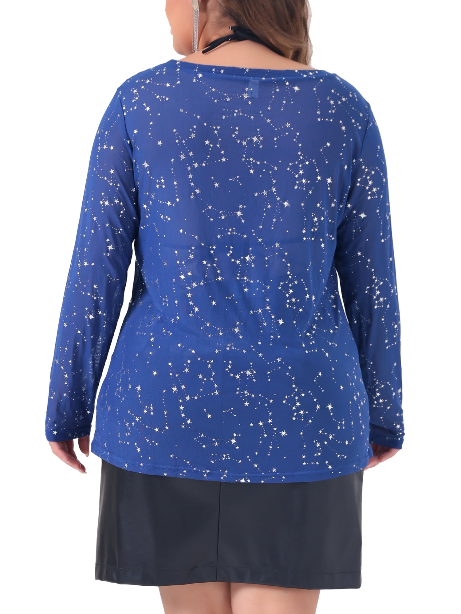 DARING DIVA Women's Plus See Through Mesh Long Sleeve Crew Neck Party Blouse 2X Dark Blue