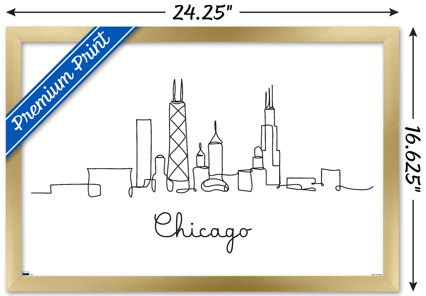 Line Art Skyline - Chicago Wall Poster, 14.725" x 22.375", Framed