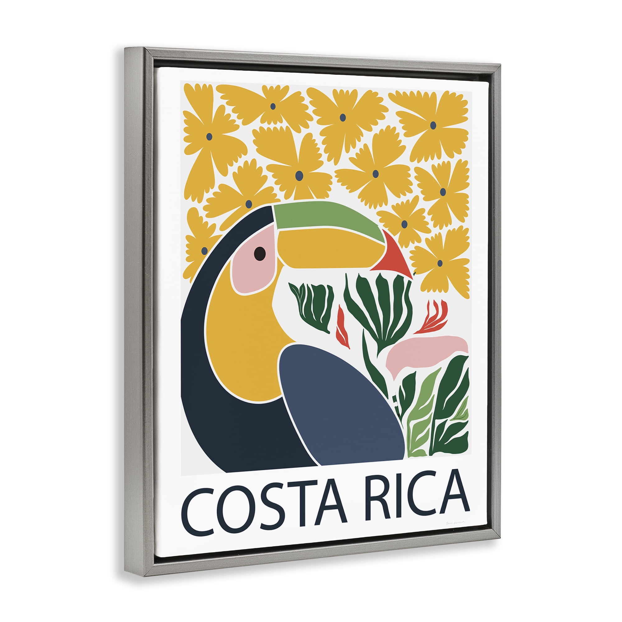 Stupell Industries Tropical Toucan & Flowers Gray Framed Floater Canvas Wall Art, design by Omar Escalante