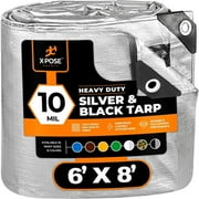 Heavy Duty Poly Tarp - 6' x 8' - 10 Mil Thick Waterproof, UV Blocking Protective Cover - Reversible Silver and Black - Laminated Coating - Rustproof Grommets - by Xpose Safety