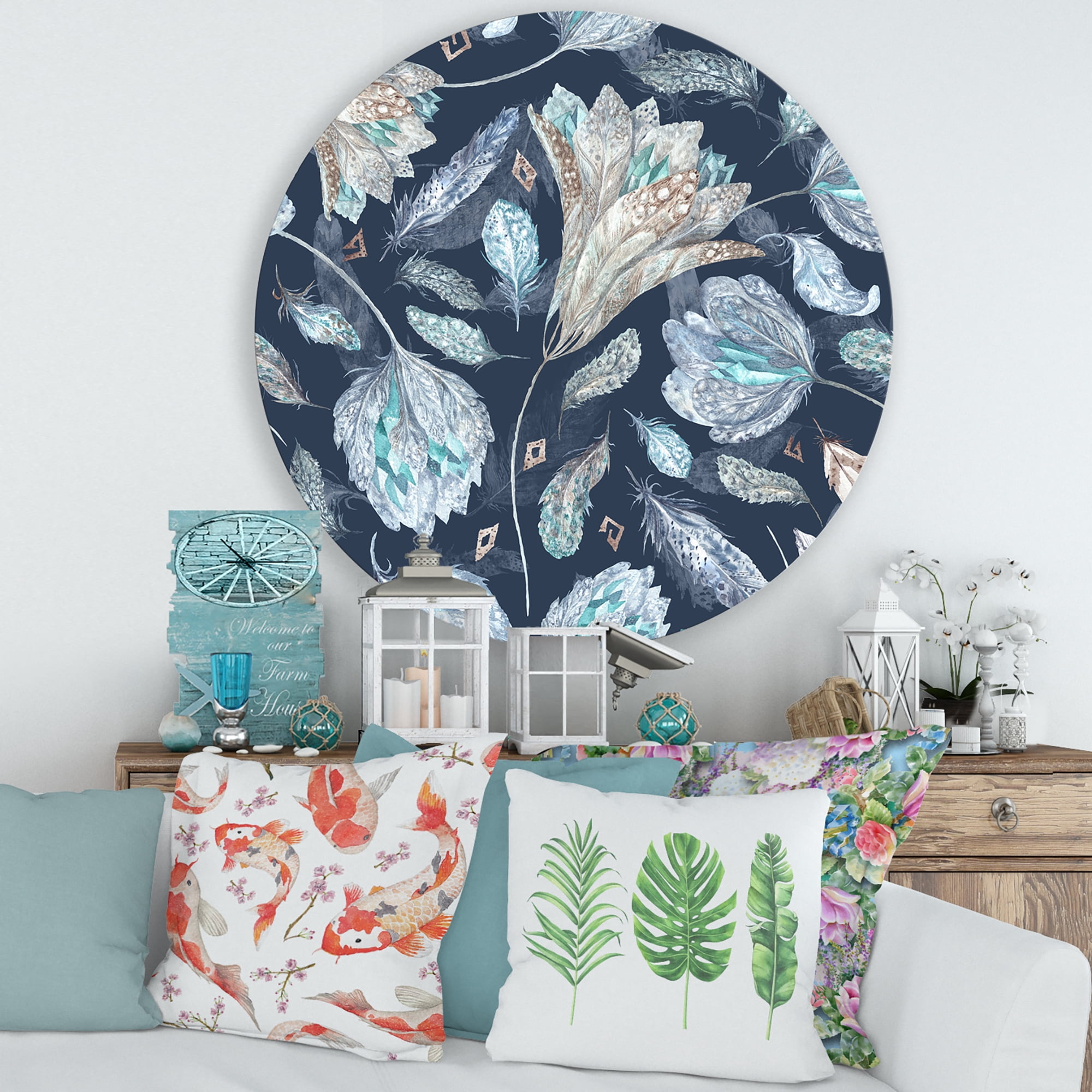 Designart 'Navy Blue Botanical Pattern With Feathers' Traditional Circle Metal Wall Art 29x29 - Disc of 29