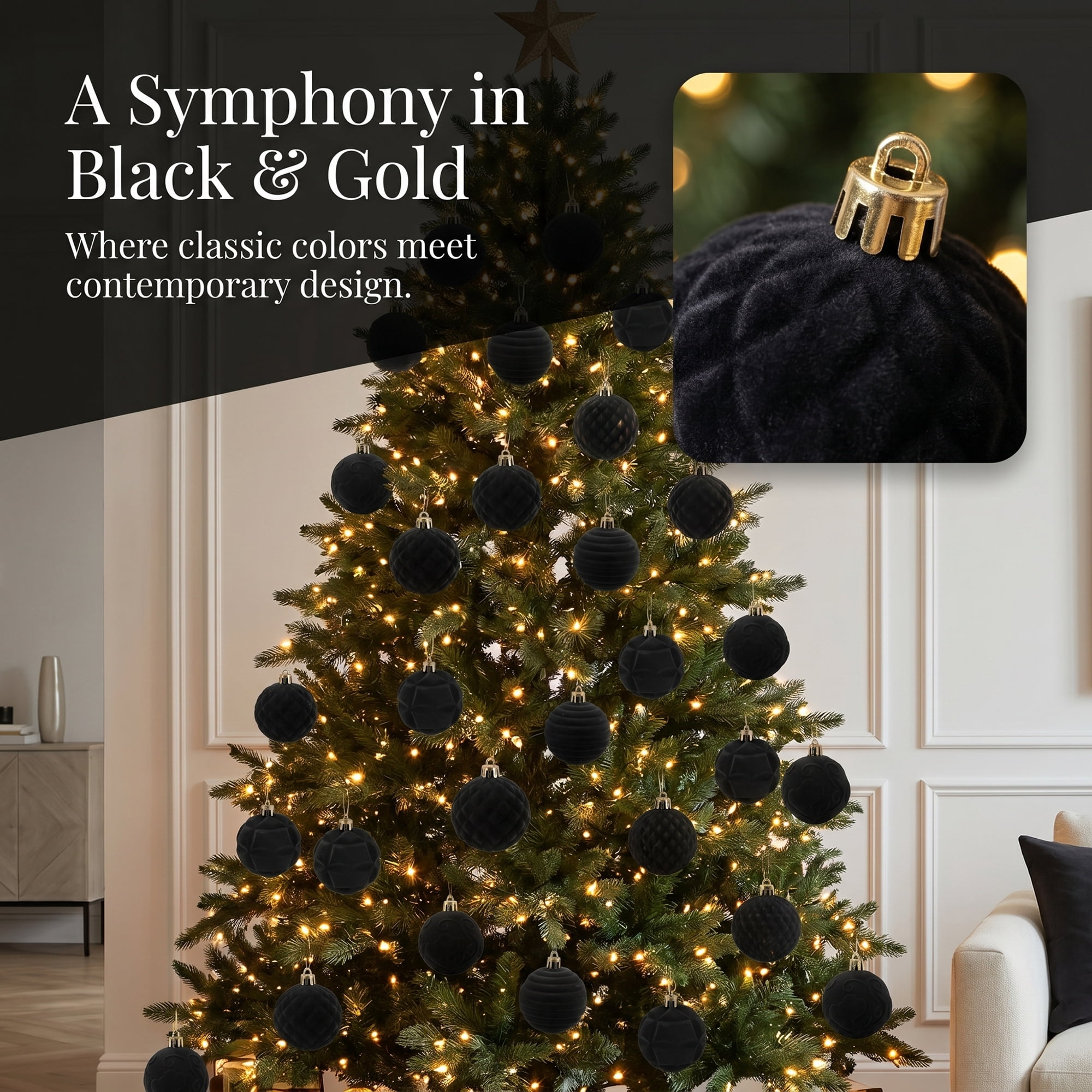 Unique Bargains Velvet Christmas 12 Pack Flocked Sphere Orbs Luxury Ornaments Black 2.4"