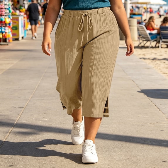XAOFW Casual Capri Pants For Women Loose Fit Straight Leg Trousers High Waisted Work Pants With Pockets Soft Bottoms XL