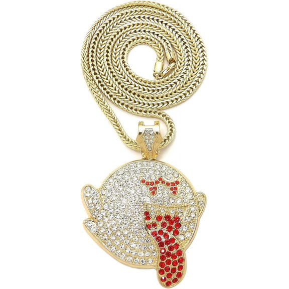 HIP HOP GOLD PLATED CUBIC ZIRCONIA LARGE MARIO GHOST BOO PENDANT & 4mm 36" FRANCO CHAIN BLING NECKLACE SET