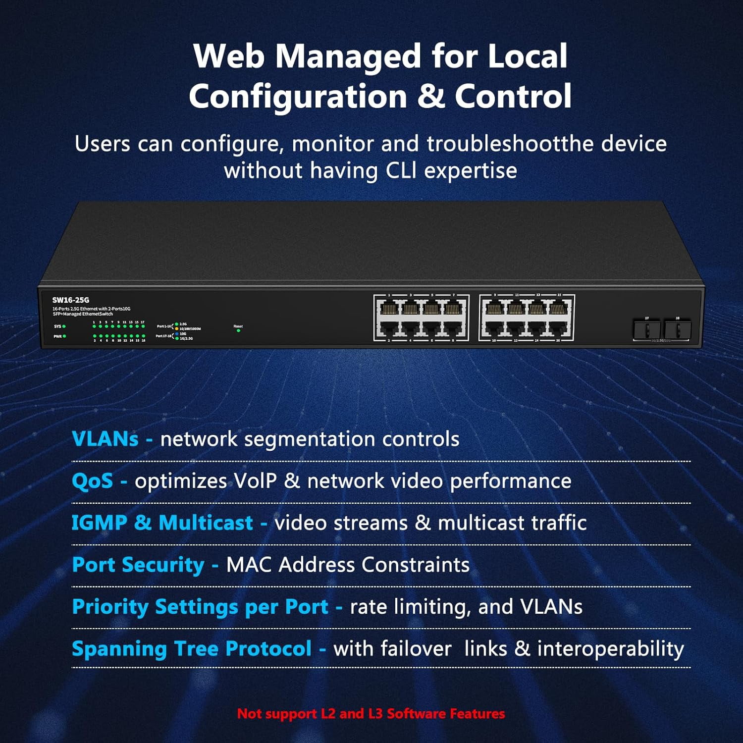 16 Port 2.5Gb Web Unmanaged Ethernet Network Switch with 16 x 2.5G Base-T Port | 2 x 10G SFP+ | Work with 10-100-1000Mbps | 120G Bandwidth | Fanless Quiet | Rack Mount | Sturdy Metal Casing