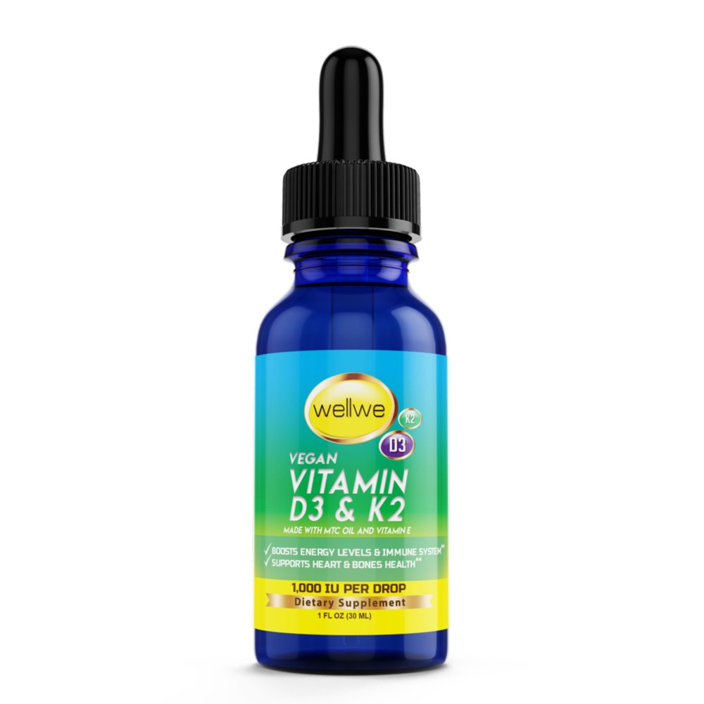 Liquid Vitamin D3 K2 Drops with MCT Oil 5000 IU Organic, Vegan, No