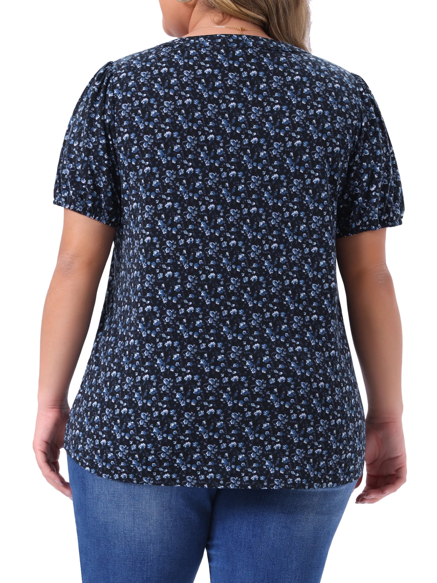 Women's Plus Short Sleeve Pleated T-Shirts Notched V Neck Floral Tops 4X Blue