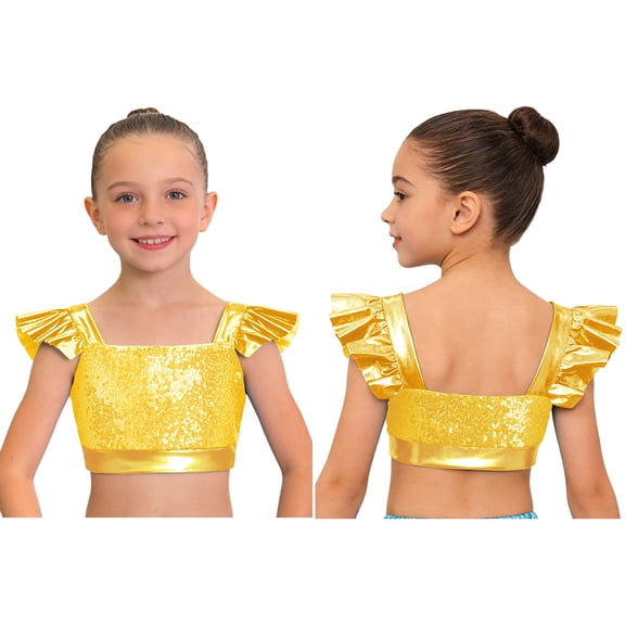 iiniim Girls Metallic Hip Hop Dance Tops Square Collar Ruffle Sleeve Ballet Shiny Jazz Performance Dancewear Gold 10