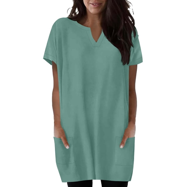 Camisetas Casuales de las Mujeres Sueltas Cómodas Manga Corta Cuello en V con Bolsillo Largo Color Sólido Superior para el Ocio de Verano Y Primavera